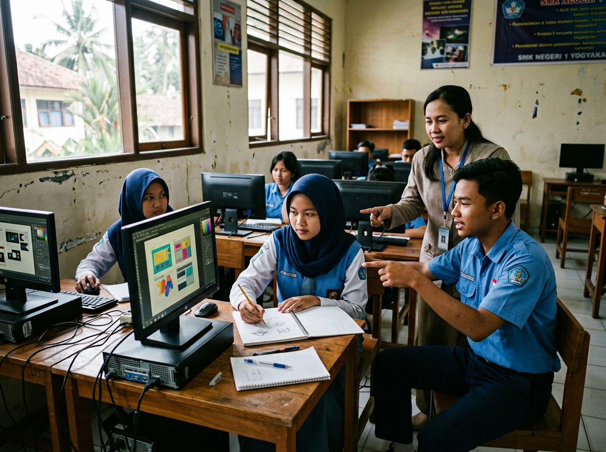 Visual contoh siswa mengerjakan desain di studio komputer